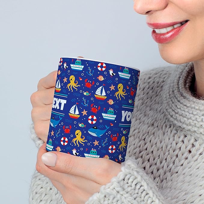 Personalized Mug for Kids - Nautical - Custom Name/Text, Ceramic Hot Chocolate/Cocoa/Coffee Cup for Boys/Girls, Birthday/Christmas/Holiday Gift - 15 oz, Light Blue Handle