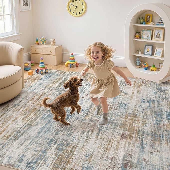 Area Rug for Living Room: 12x15 Washable Neutral Abstract Modern Soft Rugs Non Slip Indoor Floor Stain Resistant Large Carpet for Bedroom Dining Room Office Nursery - Blue Brown