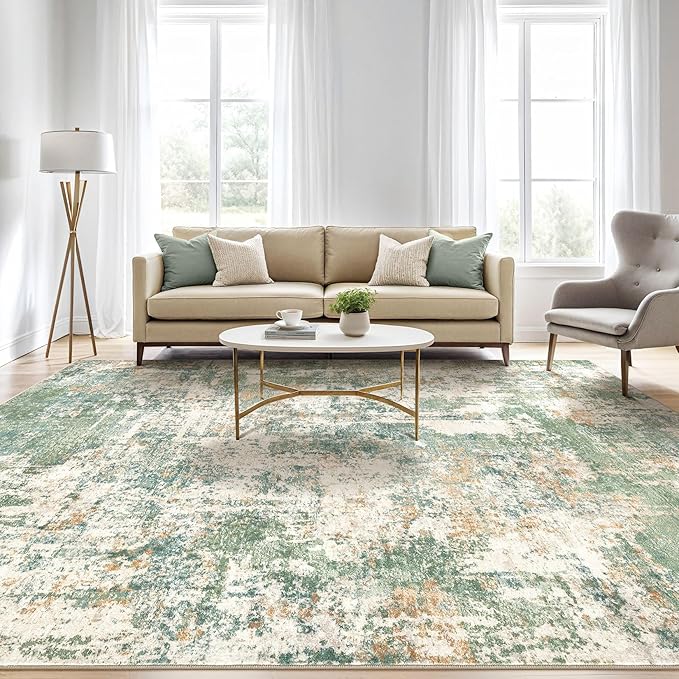 10x12 Area Rugs Living Room: Washable Large Abstract Soft Green Rug Stain Resistant Indoor Floor Non-Slip Accent Carpet for Men Modern Home Enthusiasts Aged 25-45 - Bedroom Office Playroom