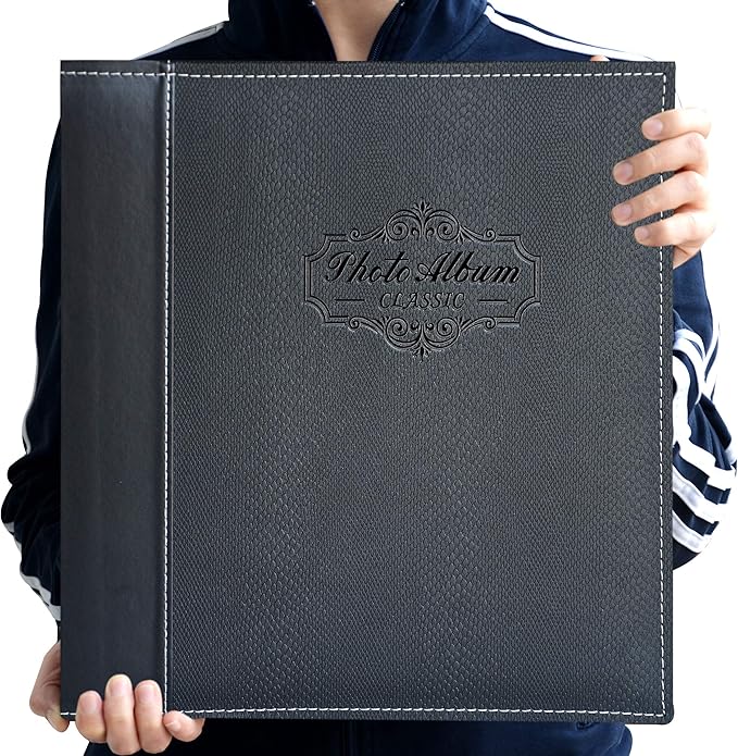 Photo Album Can Hold 3X5, 4X6, 5X7, 6X8, 8X10 Photos, Leather Cover, Magnetic Self-Stick Page, Hand Made DIY Albums (Black, Large)