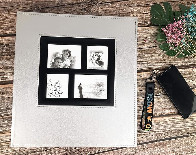 RECUTMS Photo Album Self Adhesive Magnetic DIY Scrapbook 60 Pages 13.3 x 13.4 (Inches) Accommodate 8X10 6X8 5X7 4X6 Photo Wedding Album Memory Book (Silver)